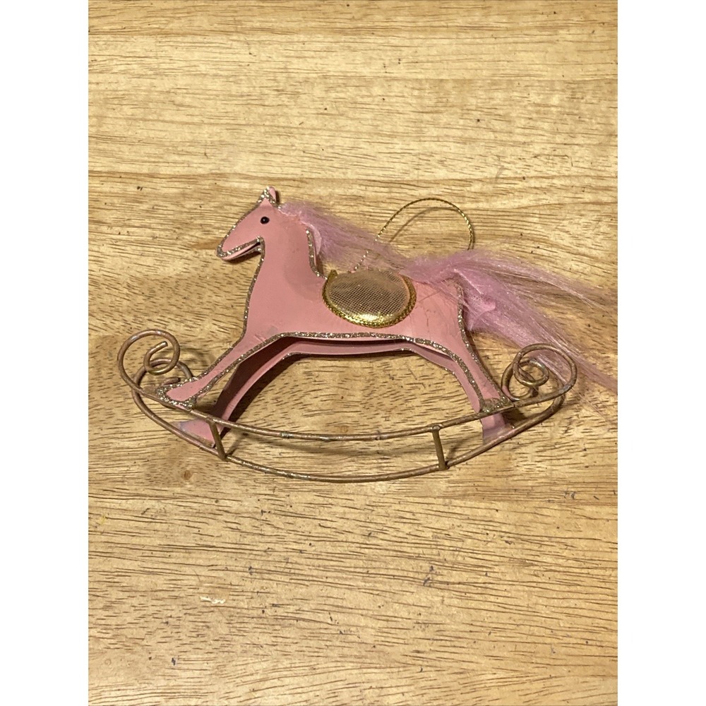 Handmade Metal Rocking Horse Ornament Freestanding Or Hanging Pink Gold Rustic